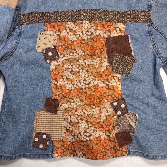 Denim Jacket Lightweight Brown Orange Floral Patchwork Tan Faux Suede Medium - Picture 9 of 11